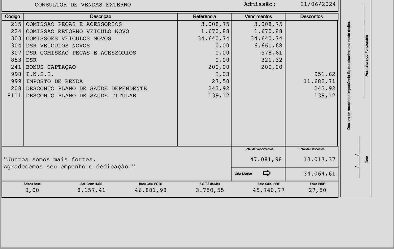Holerite mostrando salário anterior de Hellen Gama como consultora de vendas